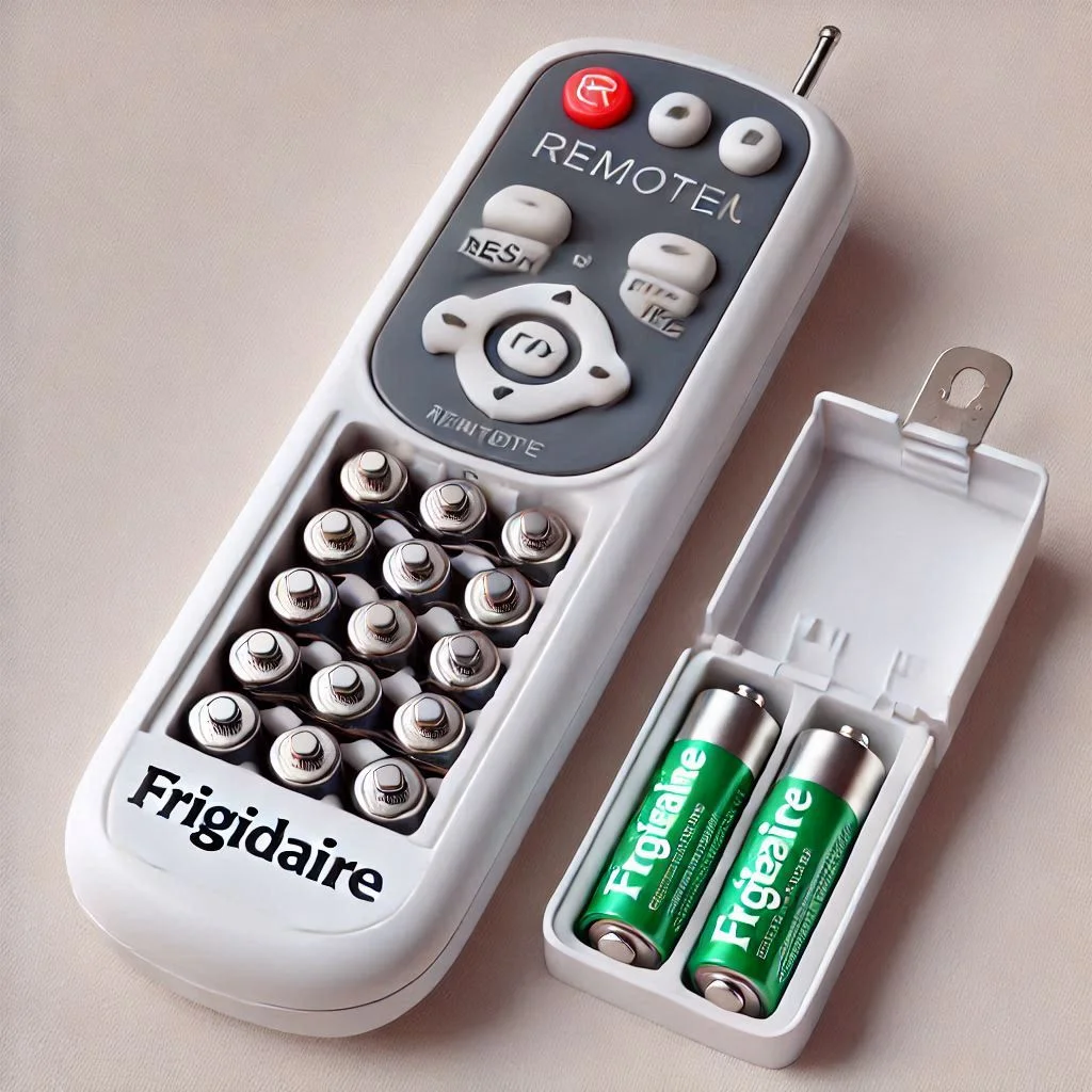 A Frigidaire remote control with the battery compartment open, showing the correct installation of fresh batteries.