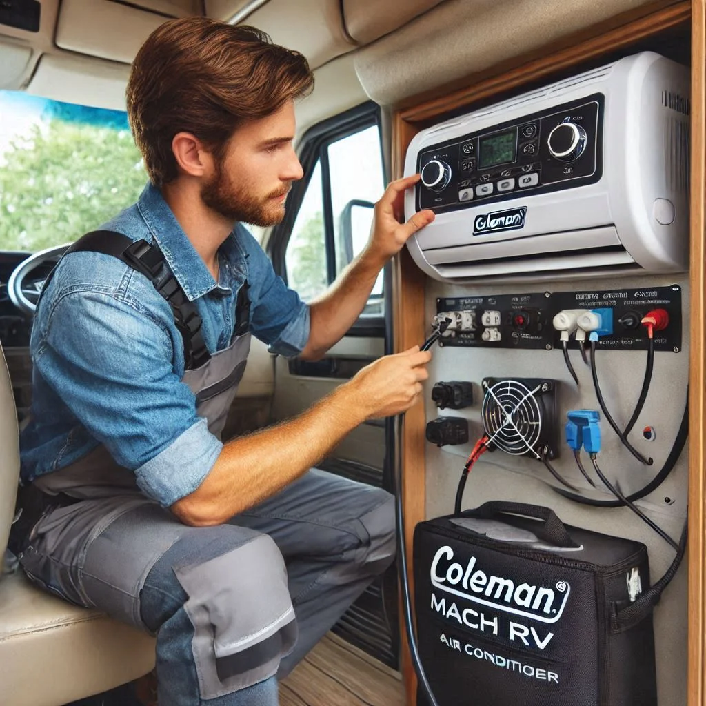 "Close-up image showing a technician inspecting the control panel and power connections of a Coleman Mach RV air conditioner."