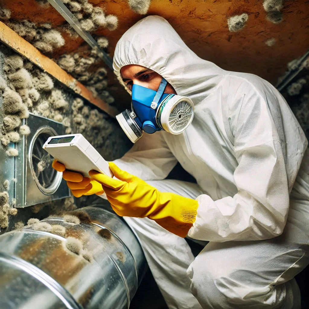 A professional HVAC technician wearing protective gear inspecting an air duct with visible mold growth inside.