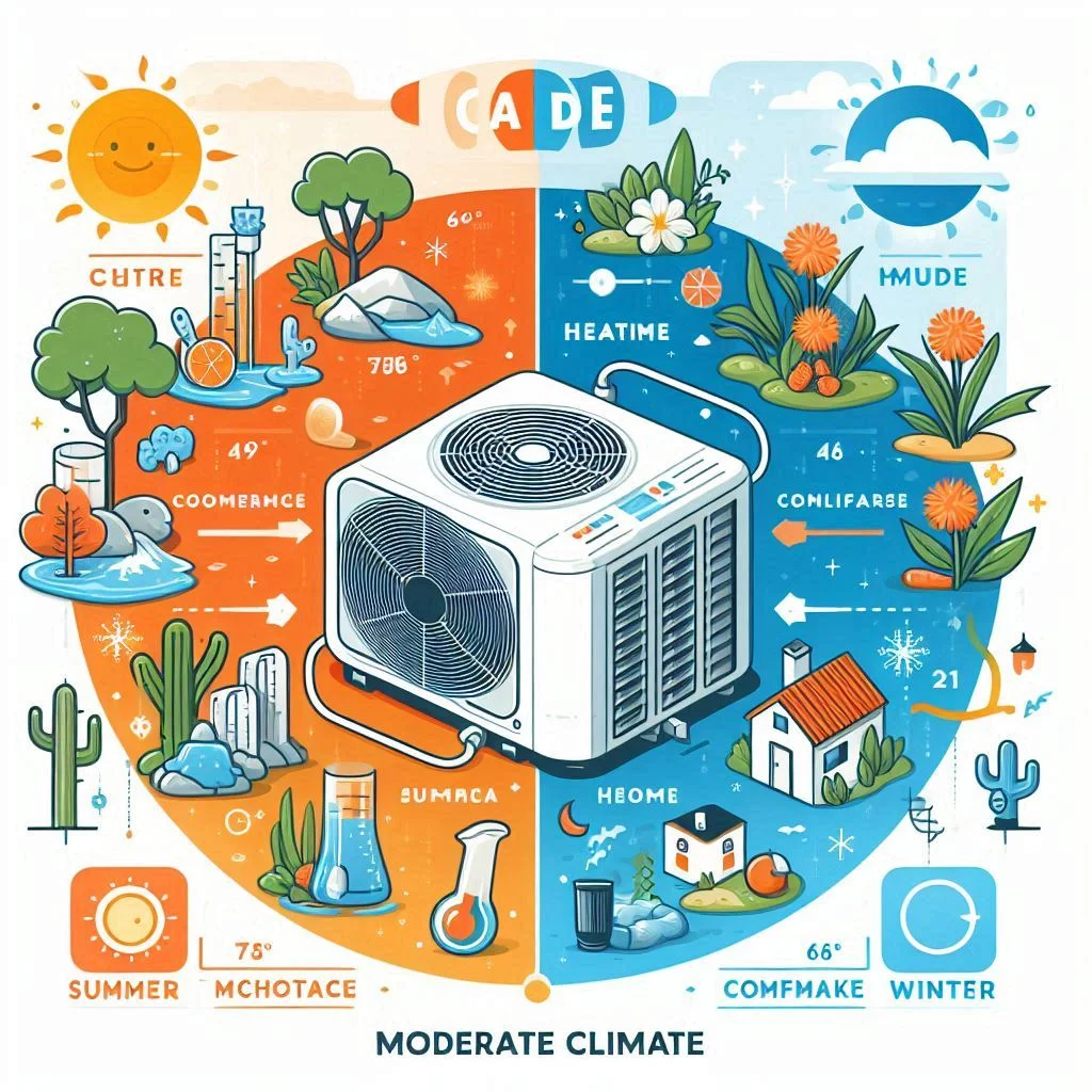 An infographic illustrating how a heat pump works in California's moderate climate, showing both cooling and heating modes in action. Include weather icons representing summer heat and mild winter temperatures.