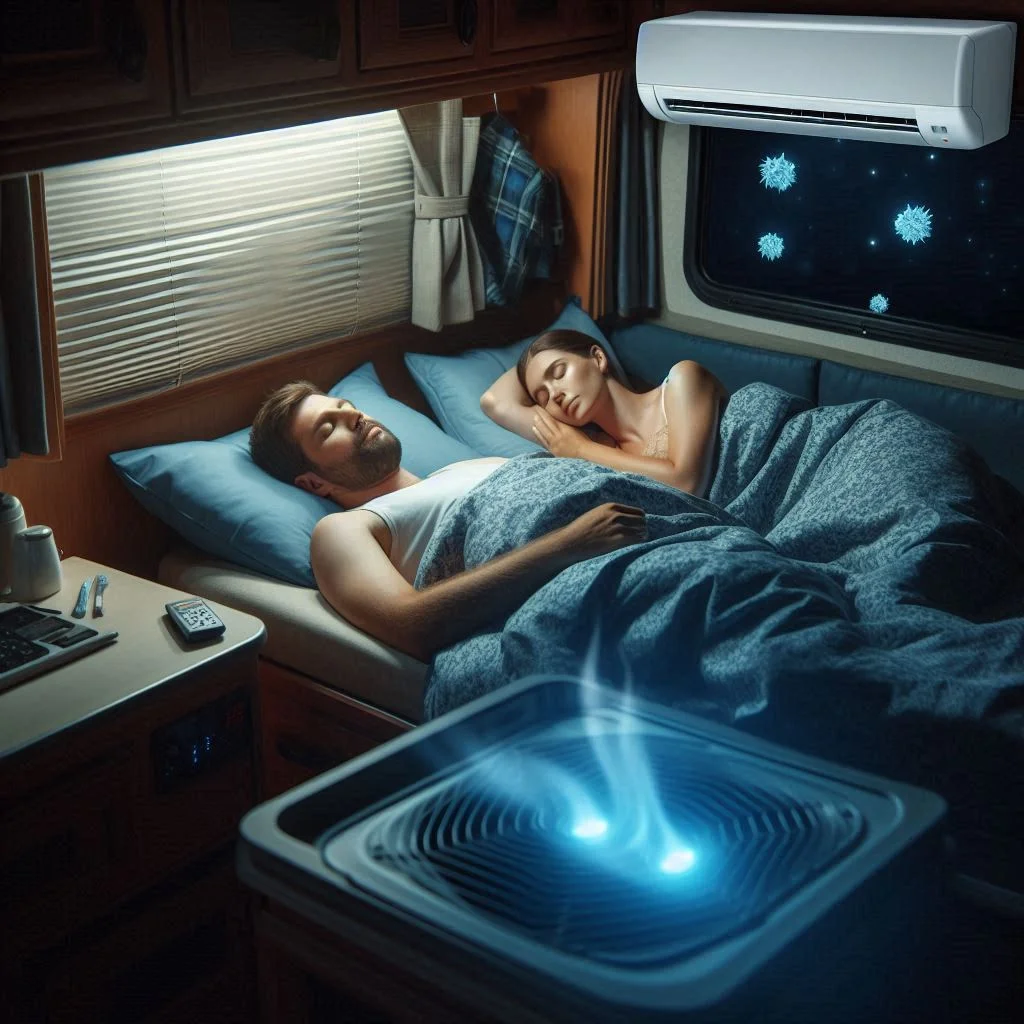 A nighttime scene inside an RV with the air conditioner running, a couple peacefully sleeping, showcasing the silent operation of the AC unit.