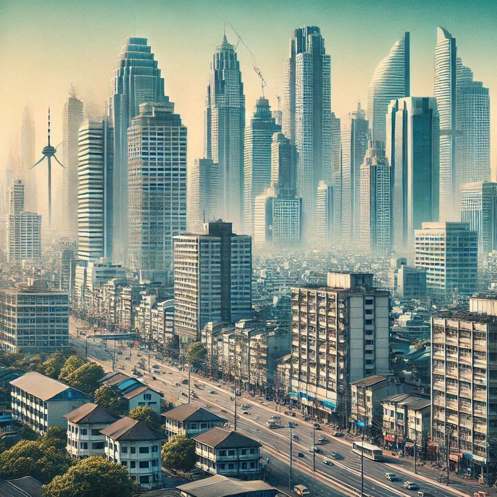 A 1960s city skyline with modern, air-conditioned buildings, emphasizing the evolution of architecture due to air conditioning technology.