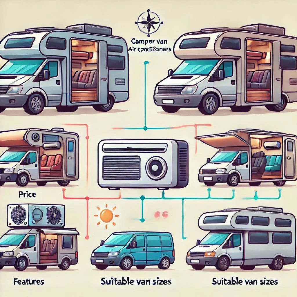 A comparison chart showing three camper van air conditioners categorized by price, features, and suitable van sizes.