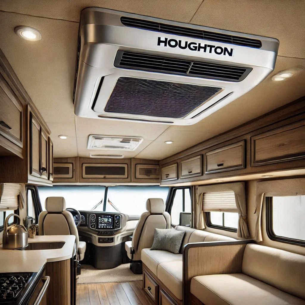 "A close-up image of a sleek Houghton RV air conditioner installed in an RV, highlighting its modern design and compact size. The image should emphasize a clean, clutter-free interior with the air conditioning unit visible on the roof, showcasing a comfortable RV lifestyle."