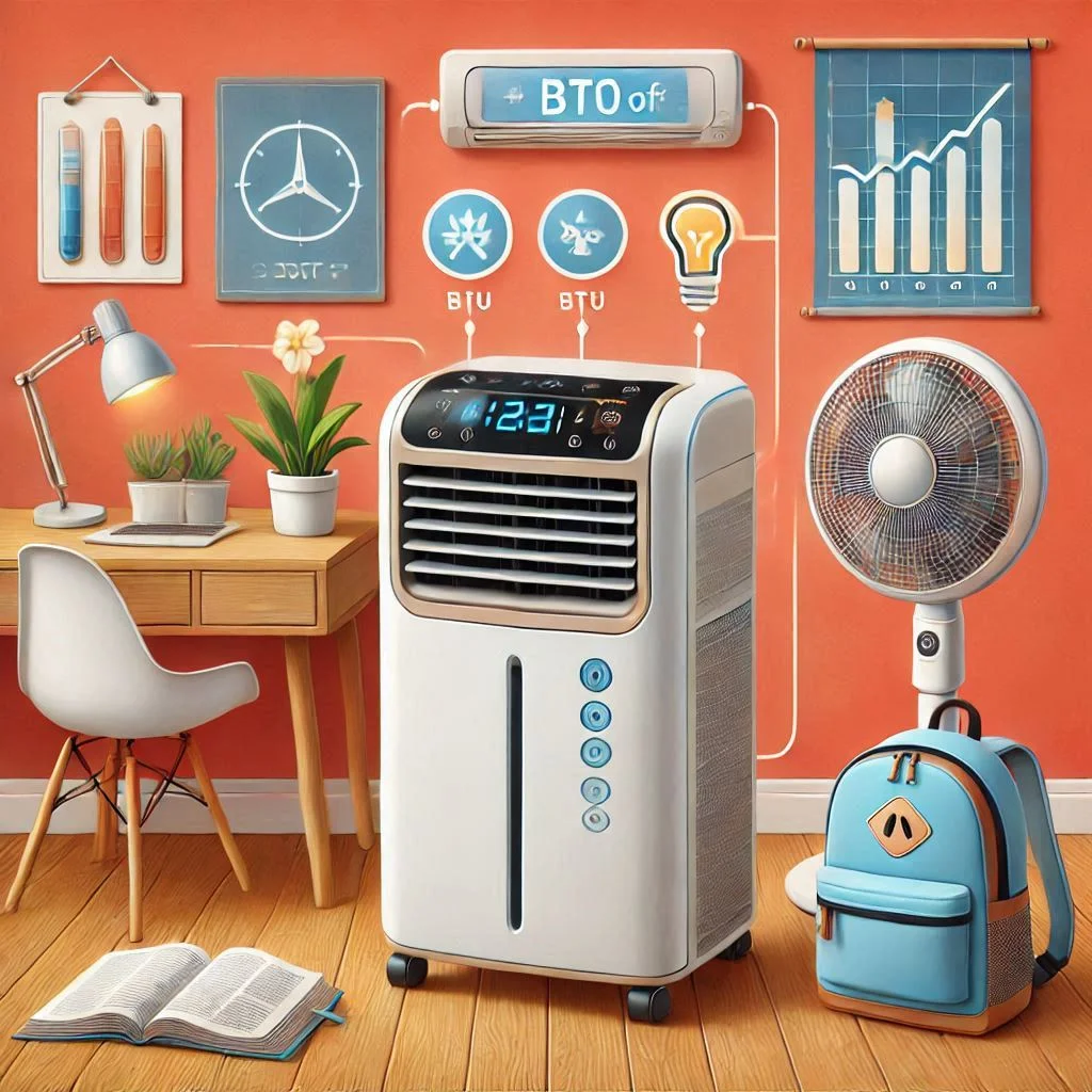 "Image of a portable air conditioner with its BTU rating displayed, alongside a guide on how to choose the correct BTU for your dorm room."