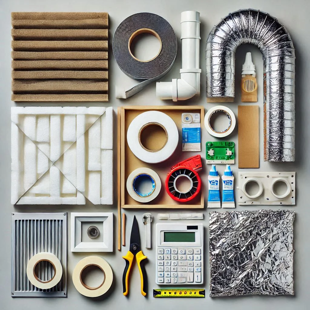 A neatly arranged flat-lay of all materials, including a polystyrene board, duct tape, insulation foil, Velcro strips, and a vent pipe flange.