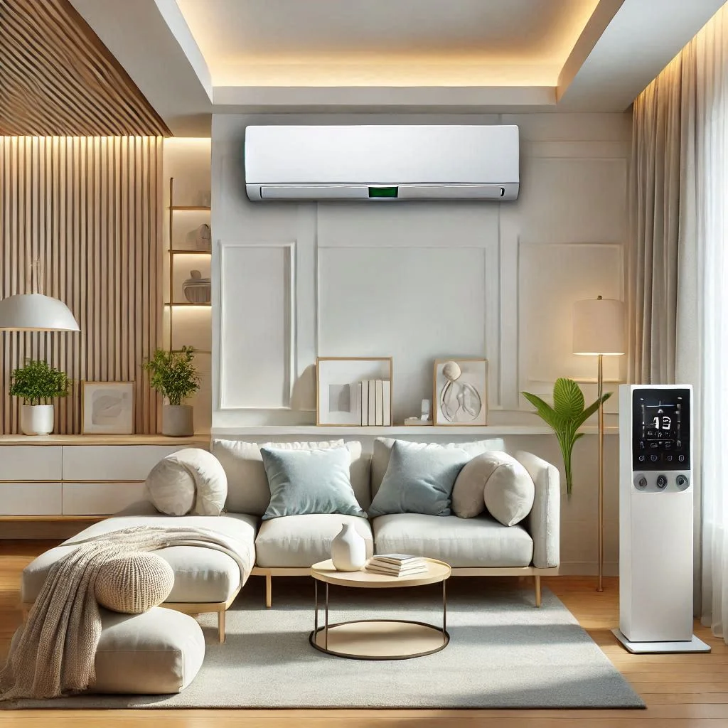 "A modern ductless mini-split AC system installed in a clean, allergen-free living room, showing its compact design and advanced filtration system."