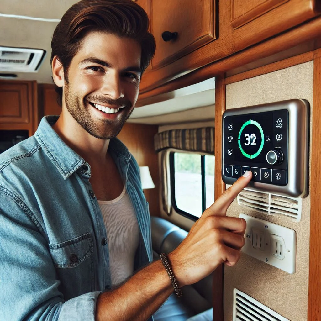 "Person setting the thermostat to cool mode to turn on the RV air conditioner."