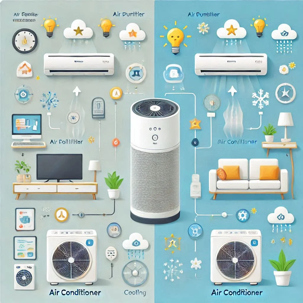 "Infographic comparing the functions of an air purifier and an air conditioner, with icons showing the air purifier trapping pollutants and the air conditioner cooling the room."