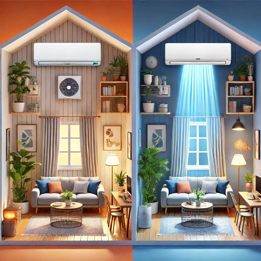 "Side-by-side visual of a home with an air conditioner and an air purifier in different rooms, highlighting their benefits for air quality and comfort."