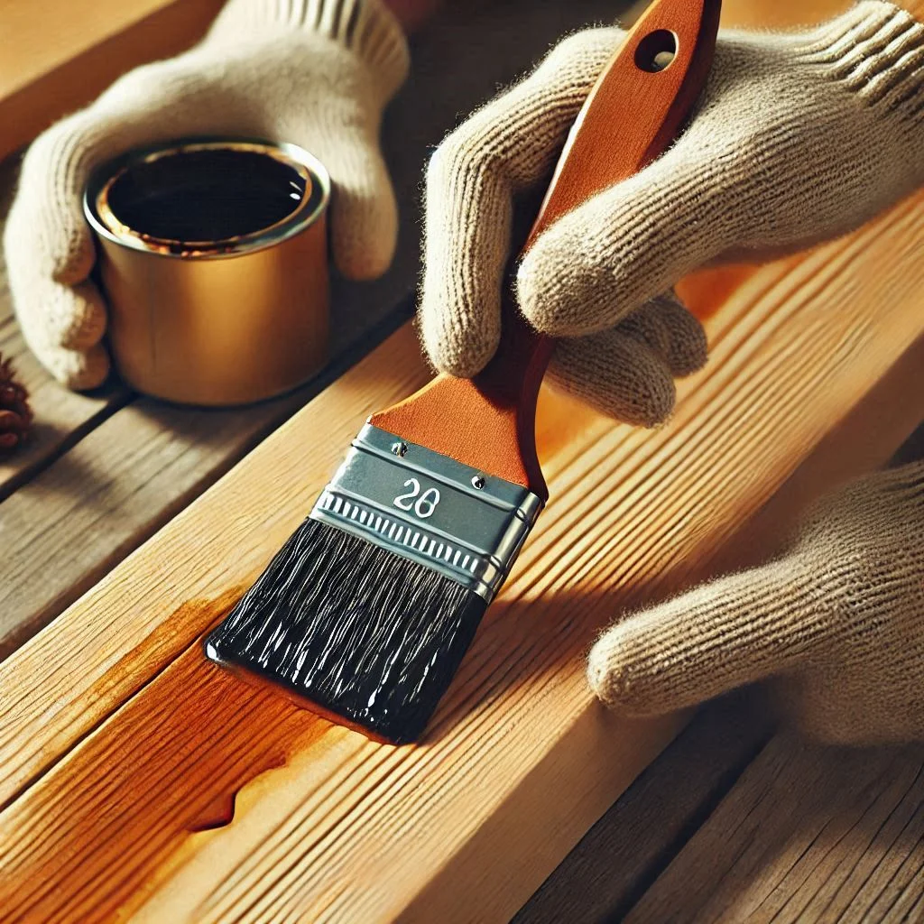 A brush applying weather-resistant wood stain to a wooden panel.