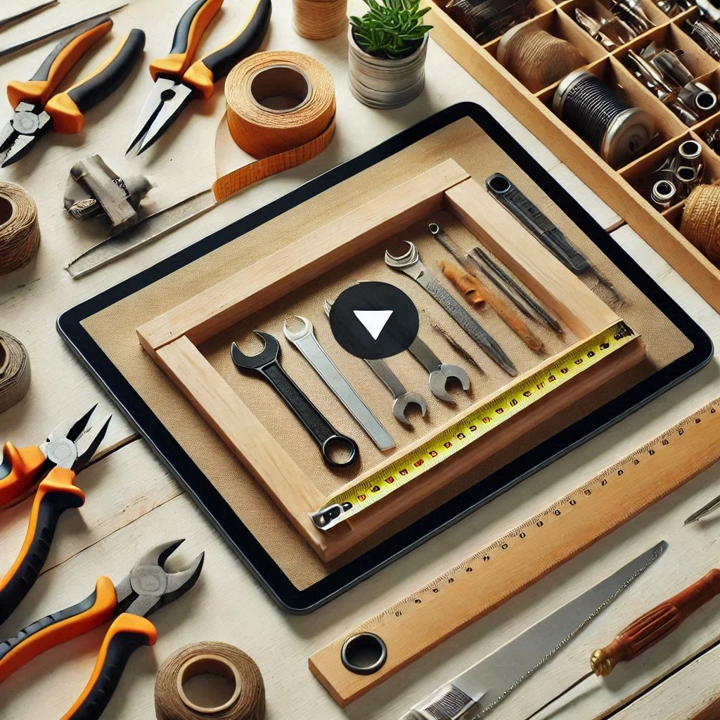 A paused video screen showing the tools and materials laid out on a workspace before starting the project.