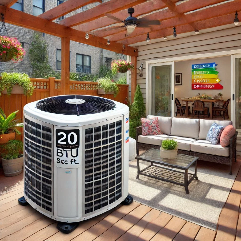 Generate an image showing a patio with an air conditioner cooling a small outdoor area (200 sq. ft.), with a visible BTU rating and energy usage label on the unit.