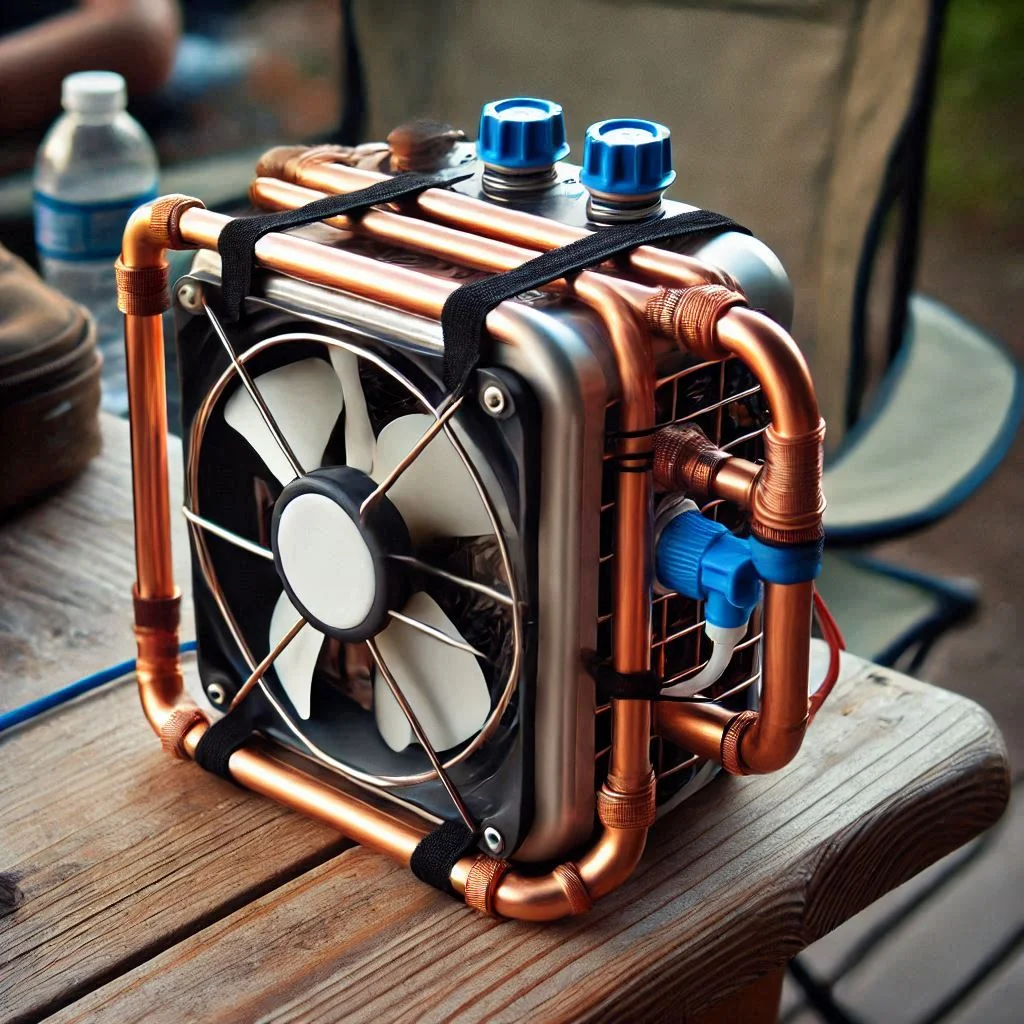 "Close-up of copper tubing securely attached to the back of a portable fan with zip ties for a DIY camping air conditioner project."