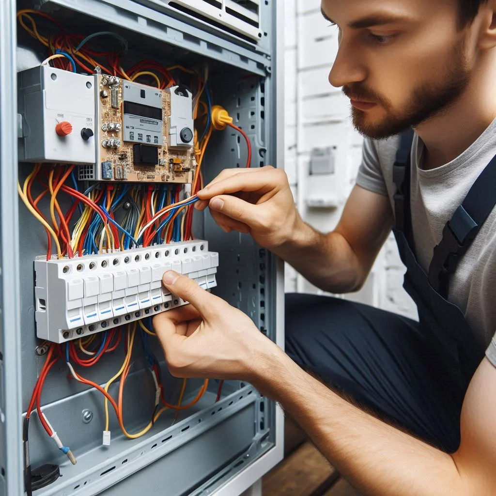 A close-up shot of the electrical components of the air conditioner, showing a technician inspecting the circuit breaker and wiring connections to ensure they are secure. The image should show proper safety precautions like turning off the main power.