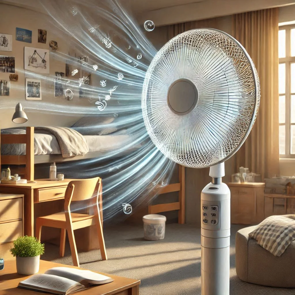 "Tower fan circulating air in a dorm room, with a cooling breeze effect visible in the room."