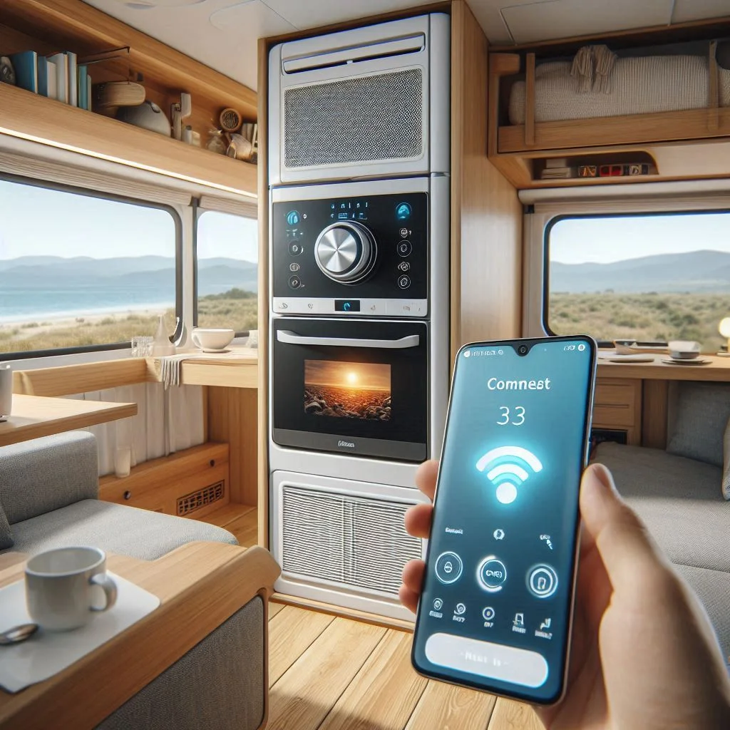 Midea MAP08R1CWT inside a camper van, controlled via a smartphone app, showing its smart features in action.