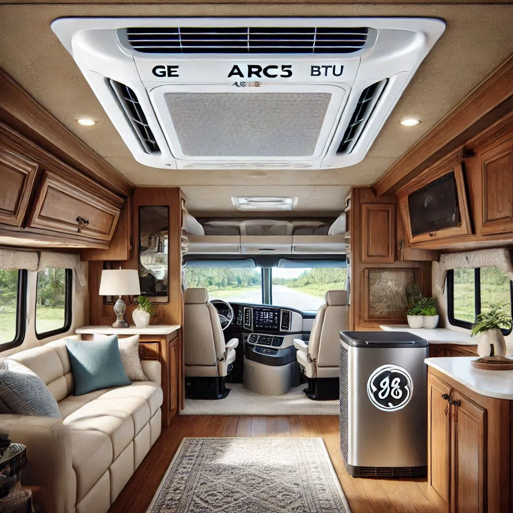 "A photo of the GE® ARC15 RV Rooftop Air Conditioner cooling a large RV interior, showcasing the unit’s powerful 15,000 BTU cooling capacity."