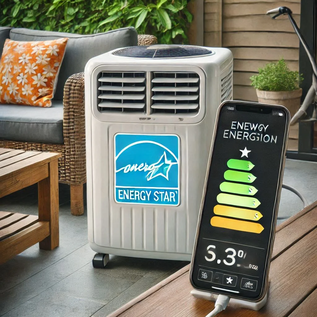 Generate an image of a portable air conditioner with an Energy Star label, placed in a patio setting with a visible power meter showing low energy consumption.