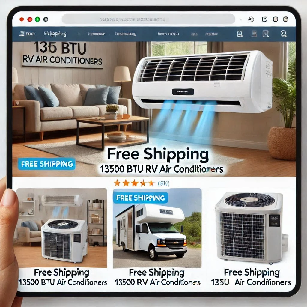 A screenshot of a website showing "Free Shipping" on selected 13500 BTU RV air conditioners, with the product images clearly displayed.