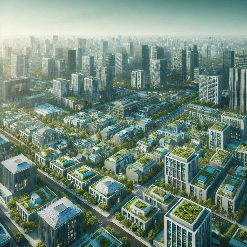 An aerial view of a modern city with cool roofs and green buildings, highlighting the integration of energy-efficient air conditioning systems in urban planning.