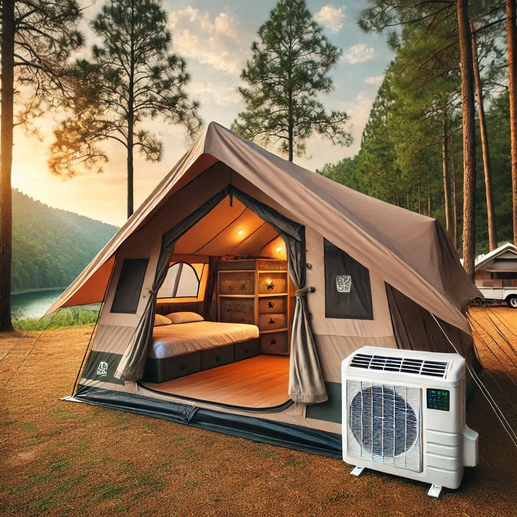 A large cabin tent set up in a scenic campsite, with an air conditioner securely connected to the side port, showcasing its spacious interior.