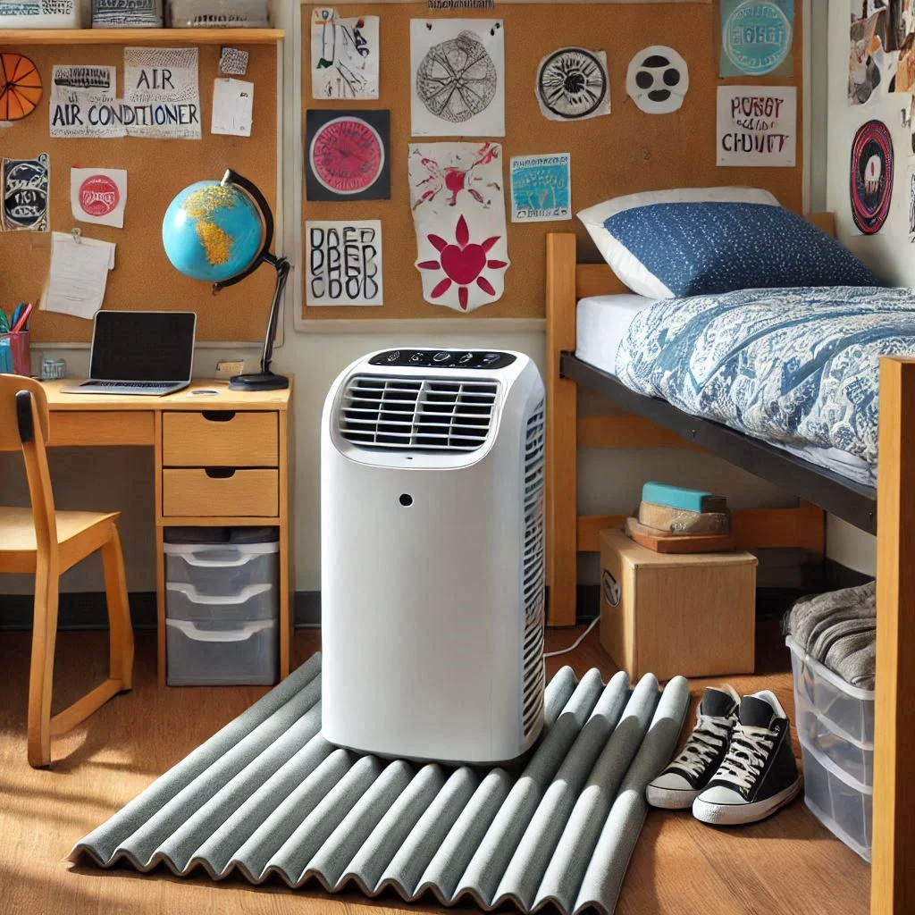 "Image of a portable air conditioner placed in a dorm room with noise-reducing materials like a foam mat or rug underneath."