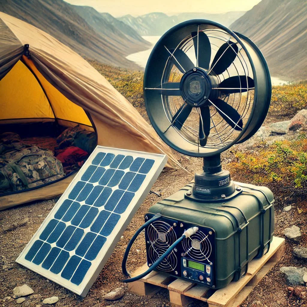 "A solar panel powering a fan for a DIY solar-powered air cooling system in a remote camping environment."