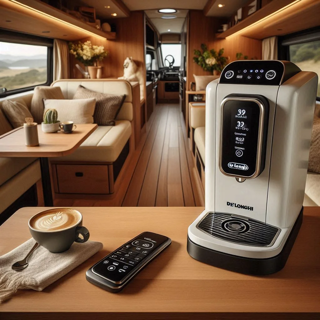 The De'Longhi Pinguino PACEX390LVYN placed in a luxury camper van setup, highlighting its sleek design and remote control in use.