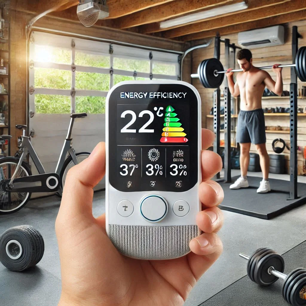 A smart thermostat controlling the temperature of a garage gym AC unit, showing energy efficiency settings.