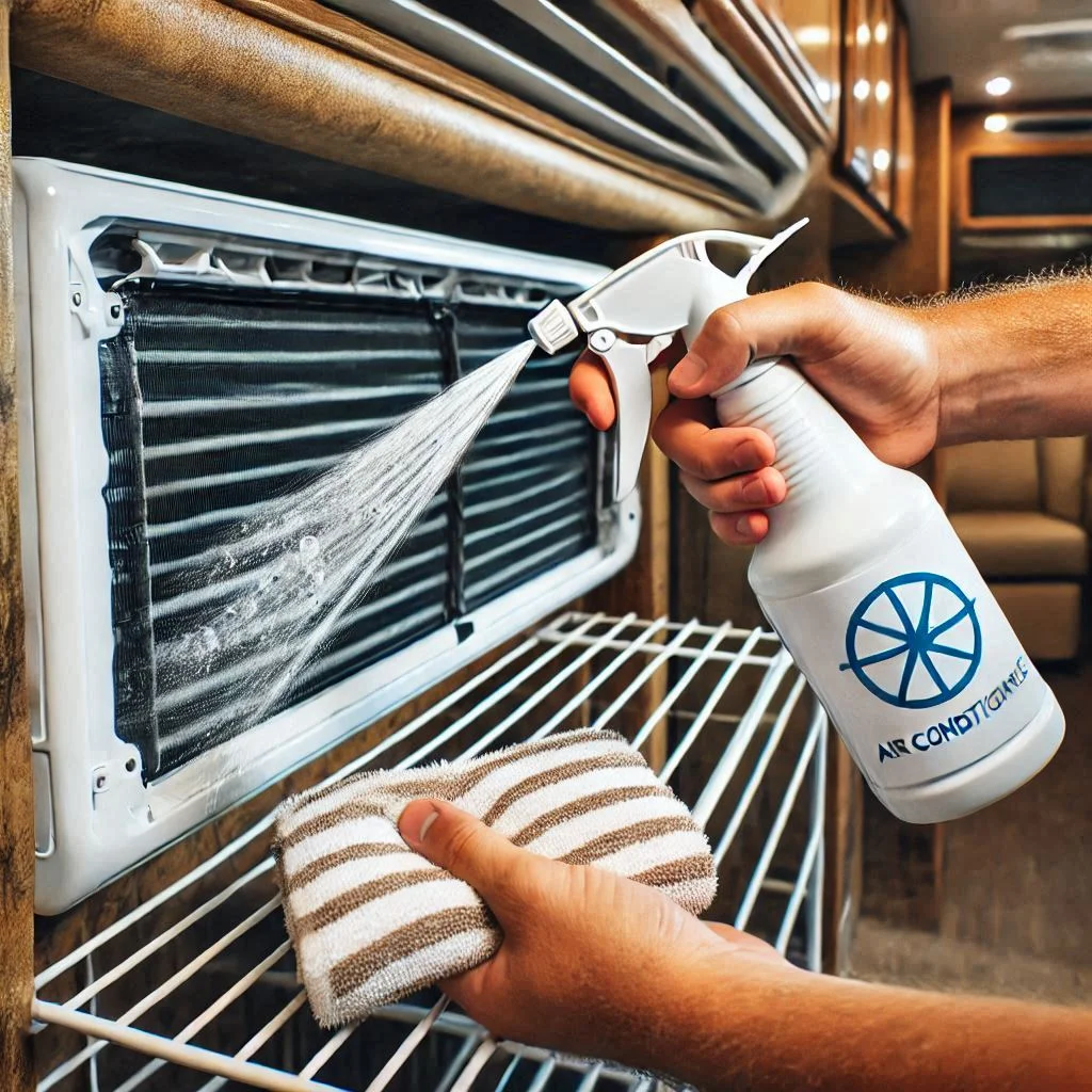 A video thumbnail of an RV air conditioner being cleaned, showing a person spraying cleaning solution on the coils and wiping them with a cloth.