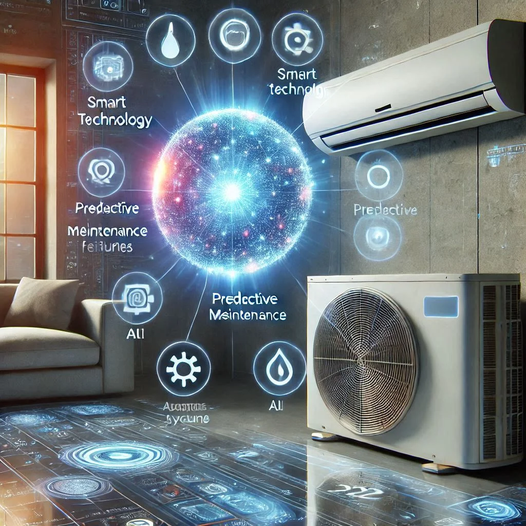 A futuristic air conditioning unit with a built-in AI system, showcasing smart technology and predictive maintenance features that enhance comfort and efficiency.