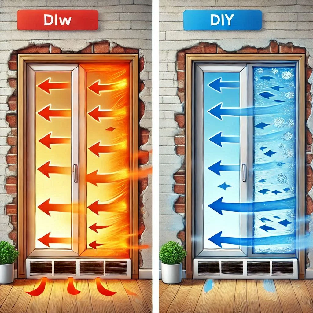 A side-by-side comparison of a poorly sealed window with warm air entering and a DIY sealed window blocking heat, highlighted with airflow arrows.