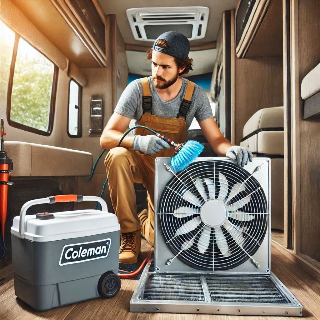 "Image of a technician cleaning the coils and fan blades of a Coleman Mach RV air conditioner."