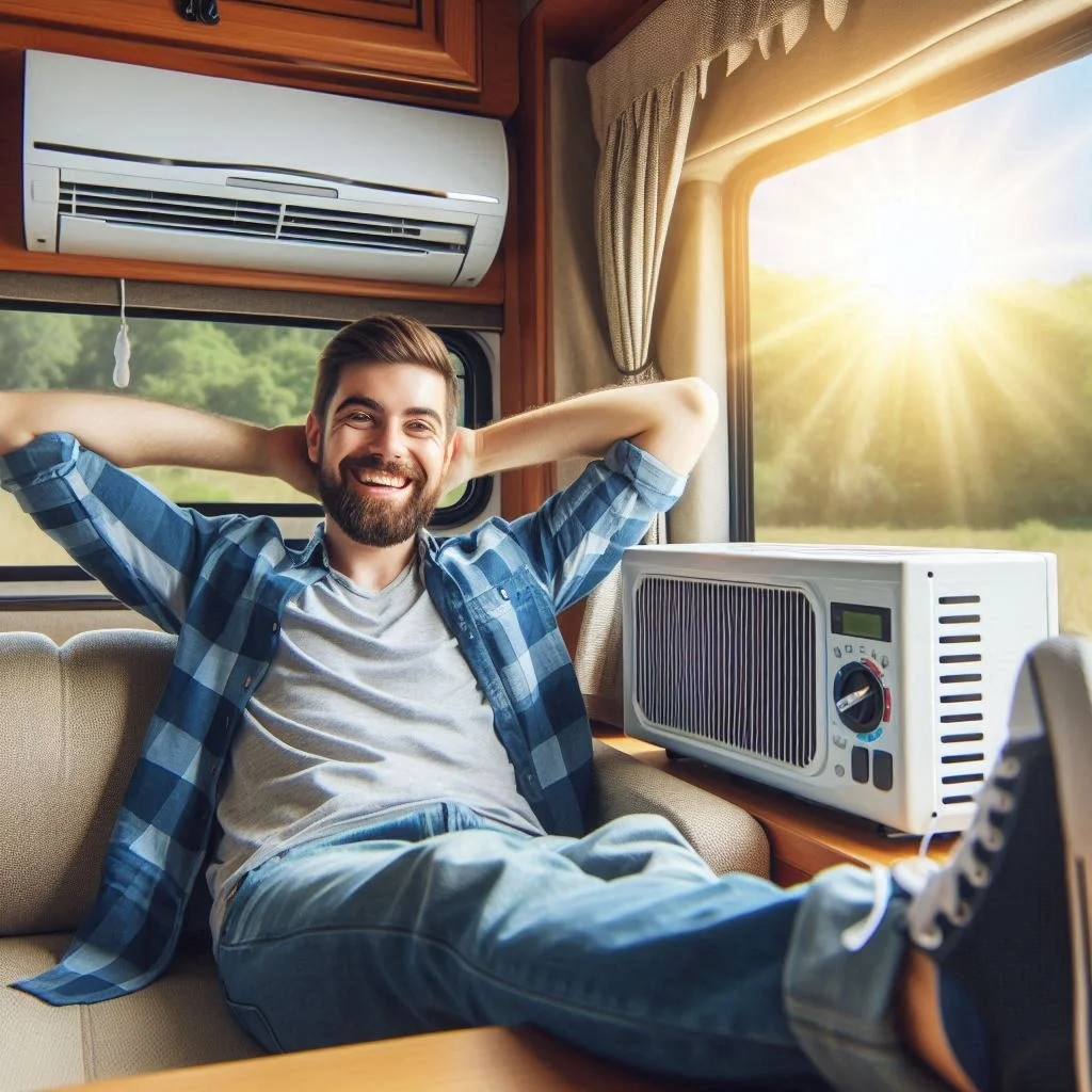 A happy camper relaxing inside an RV with a functional air conditioner on a sunny day, symbolizing the importance of proper maintenance and understanding AC basics.