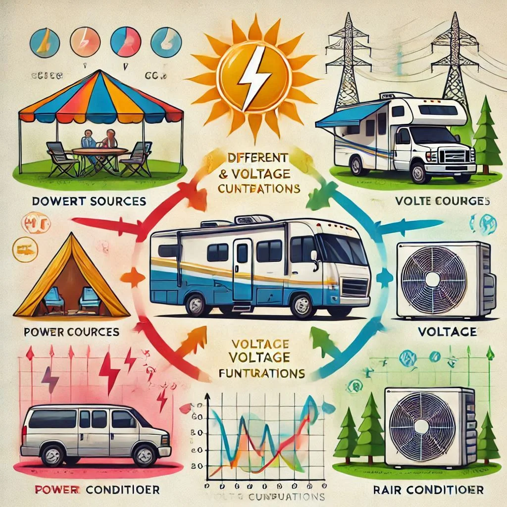 "Diagram illustrating how different power sources and voltage fluctuations impact RV air conditioner wattage"