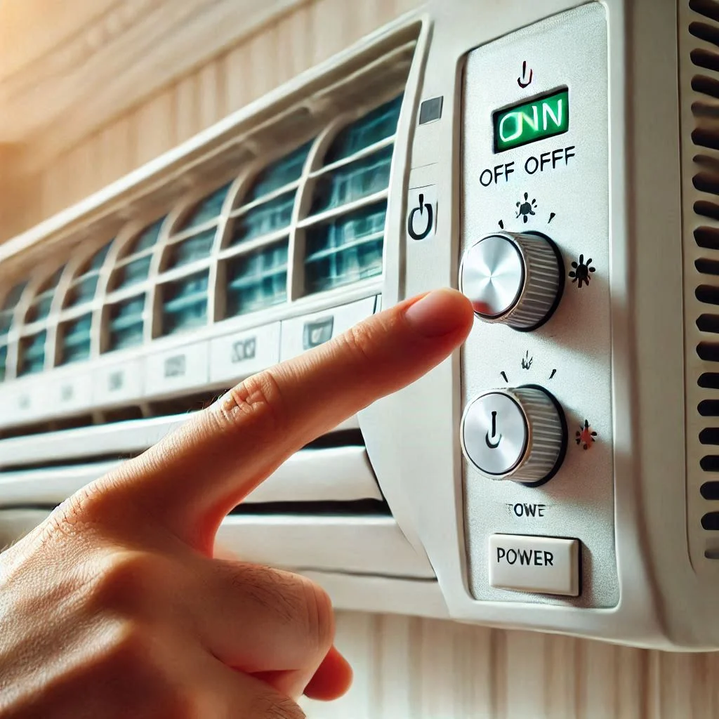 "Close-up of a person turning off the power to an air conditioner unit, with a focus on the power switch or thermostat."