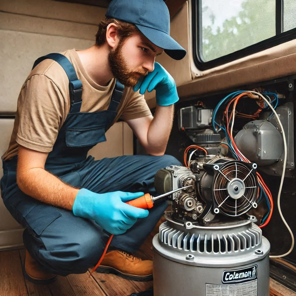 "Technician troubleshooting and lubricating the fan motor of a Coleman Mach RV air conditioner."