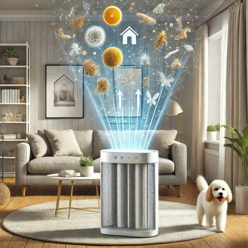 "Image showing an air purifier in a living room, with visual representations of allergens like dust, pollen, and pet dander being trapped in the filter. The room should appear clean and fresh."