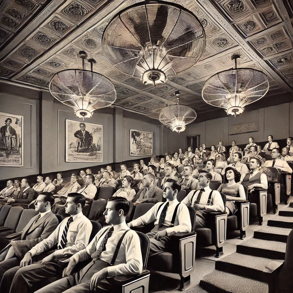 A historical image of a 1960s movie theater with air conditioning systems prominently featured, showing patrons enjoying a cool, comfortable environment.