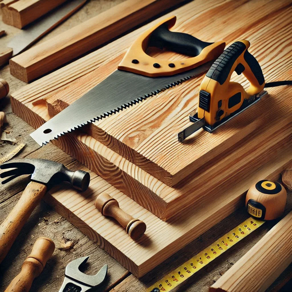 "A close-up of unfinished cedar wood with natural grain patterns, sitting on a workbench with basic woodworking tools like a saw, hammer, and measuring tape visible."