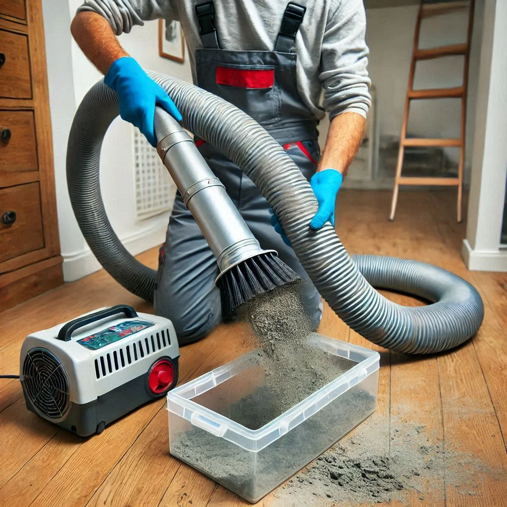 A technician using a flexible brush and vacuum system to clean air ducts, with debris being captured in a transparent container.