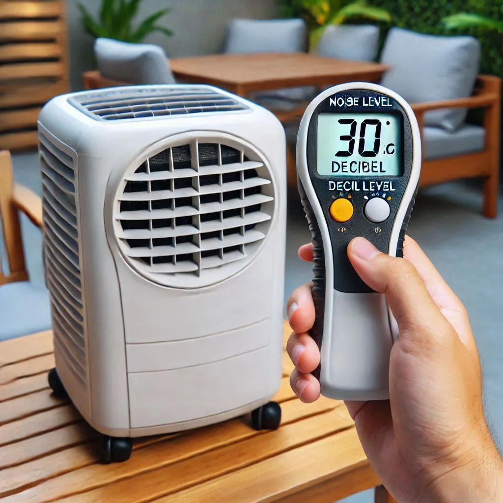 Generate an image showing a portable air conditioner with a noise level decibel meter next to it on a patio, demonstrating how quiet the unit is in operation.