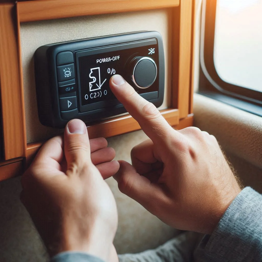 A person turning off the RV air conditioner using a thermostat, with a focus on the power-off display.