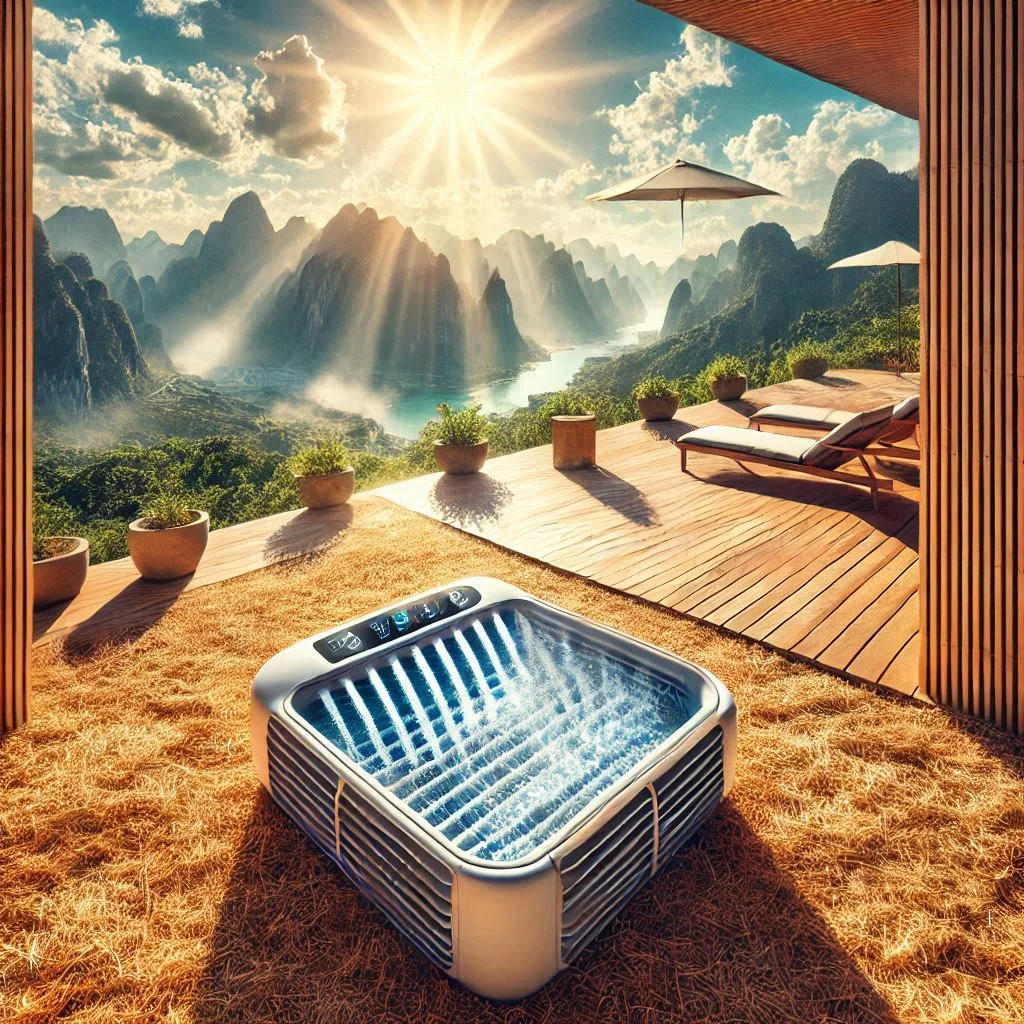 Generate an image of an evaporative cooler placed on a dry, sunny patio, cooling the area with a visible water saturation pad in the cooler.