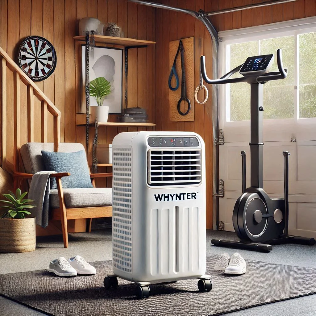 A compact Whynter Portable Air Conditioner in a corner of a garage gym, demonstrating its mobility and cooling efficiency.