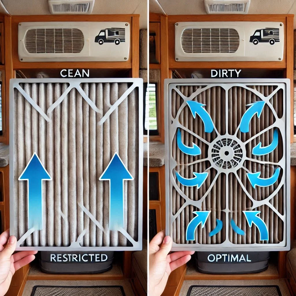 A clean RV AC filter side-by-side with a dirty one, showing airflow arrows for "Restricted" and "Optimal" flow.