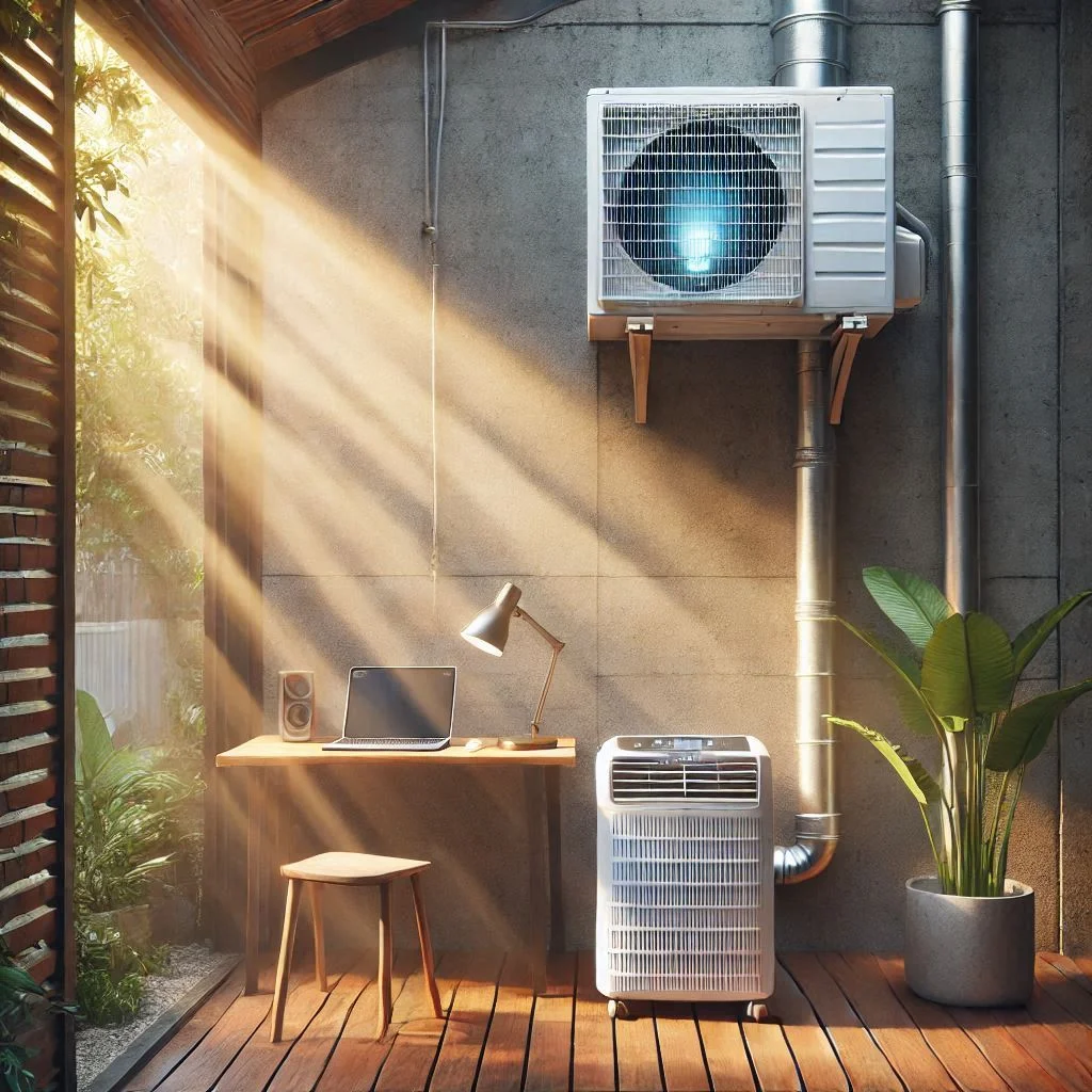 Generate an image showing a portable air conditioner placed in a shaded, unobstructed outdoor space with a visible venting kit installed on a nearby window.