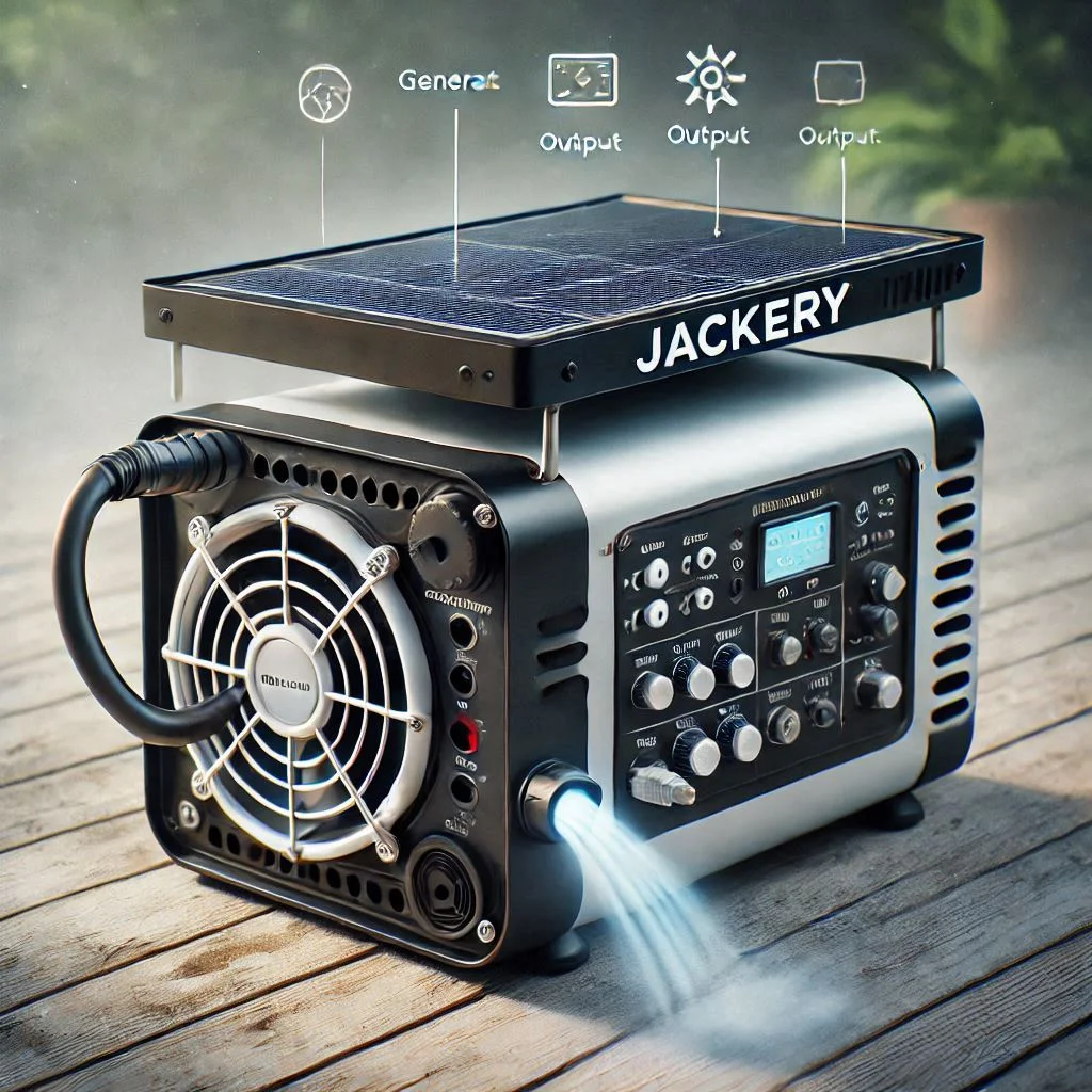 Generate an image showing a close-up of a Jackery Solar Generator with a portable air conditioner running on it, highlighting the various output ports and features.