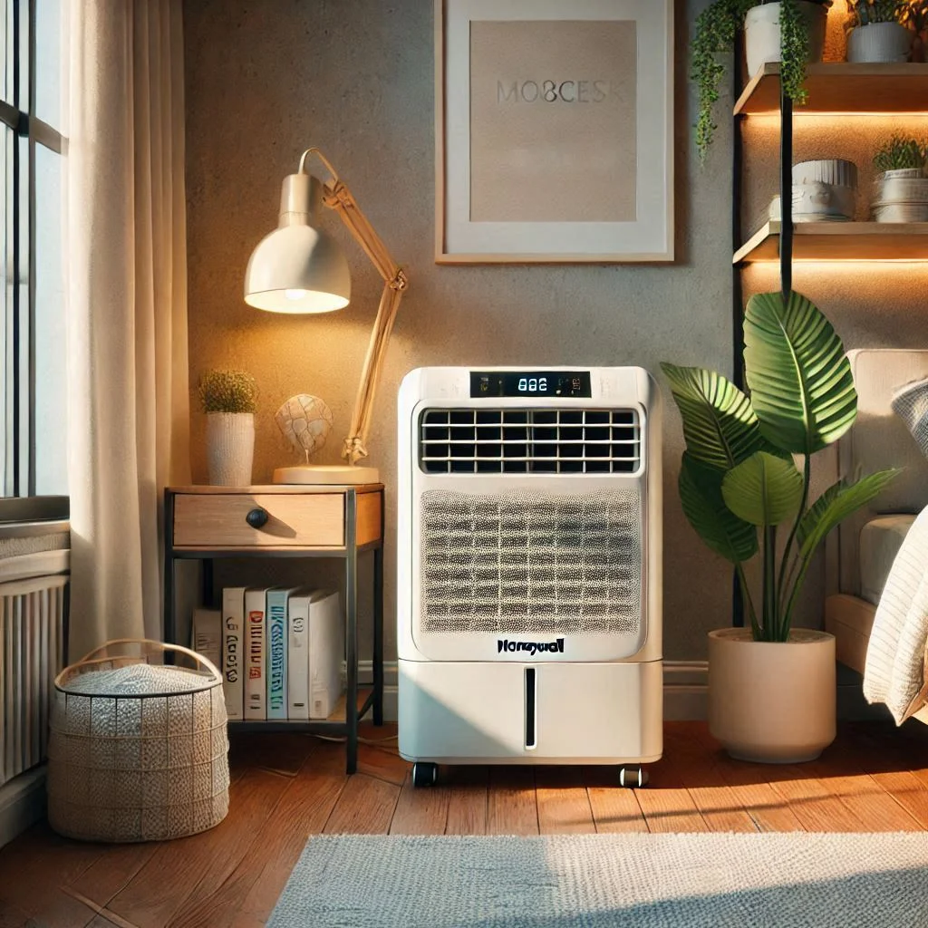 "Honeywell MO08CESWK Compact Portable Air Conditioner in a cozy apartment, highlighting its compact design and dehumidifying function."